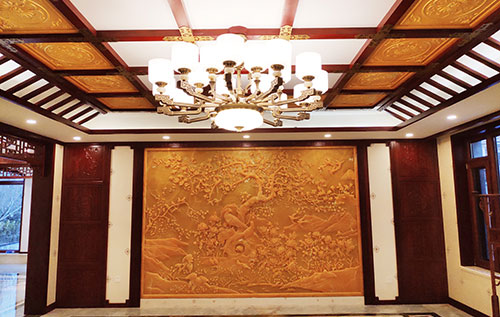 下陆中式别墅客厅中式木作横梁吊顶装饰展示
